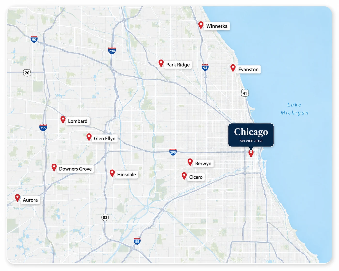 Map of the Chicago appliance service area including nearby communities