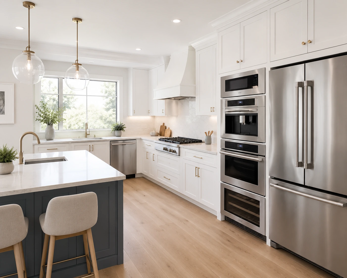Bright kitchen with stainless steel refrigerator, range and dishwasher