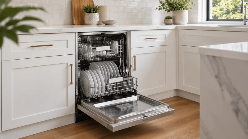 Open stainless steel dishwasher with clean dishes in a modern kitchen