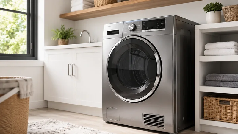 Modern front-load clothes dryer in a clean laundry room