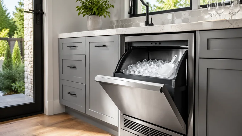 Built-in stainless steel ice maker dispensing clear ice cubes