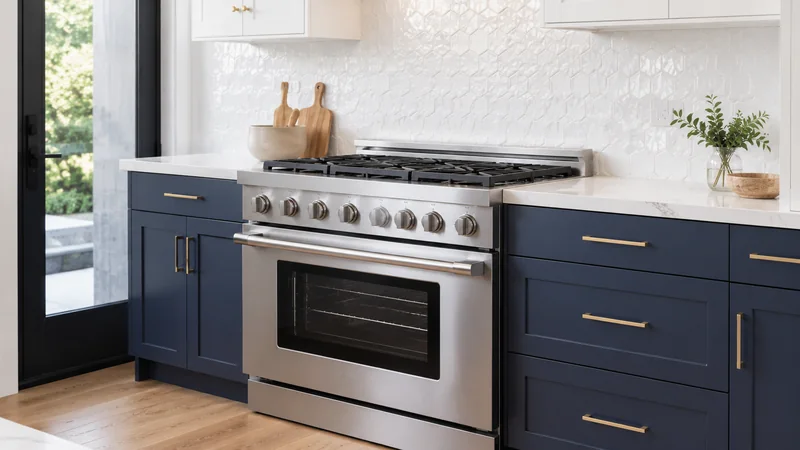 Stainless steel range and oven installed in a modern kitchen