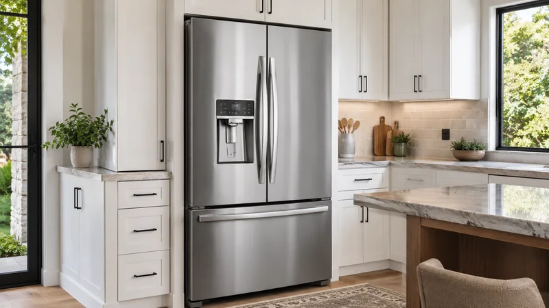 Modern stainless steel refrigerator in a bright residential kitchen