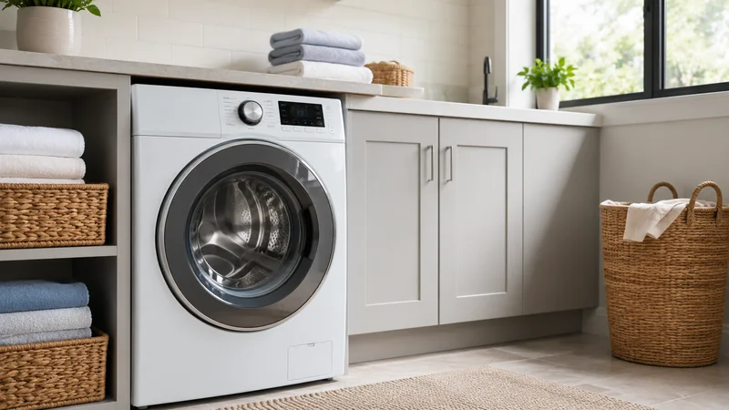 Modern front-load washing machine in a bright laundry room