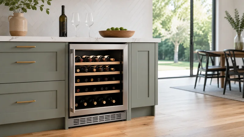 Built-in glass-door wine cooler with bottles in a modern kitchen